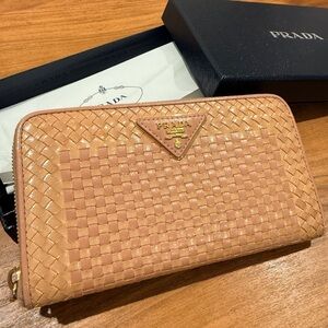 Prada Madras Woven Wallet Talco + Rose Authentic
